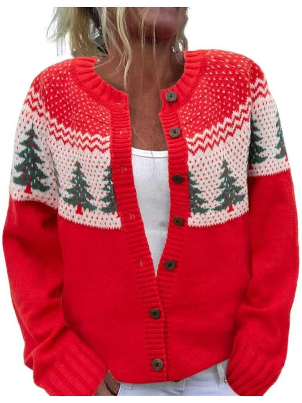 Women’s Red Fair Isle Christmas Tree Ugly Holiday Cardigan Sweater